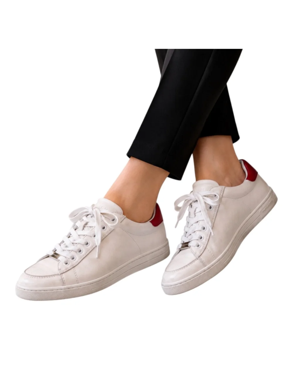 Coach FG1271 Women’s White Leather Low Top Sneakers Red Heel Size 8B